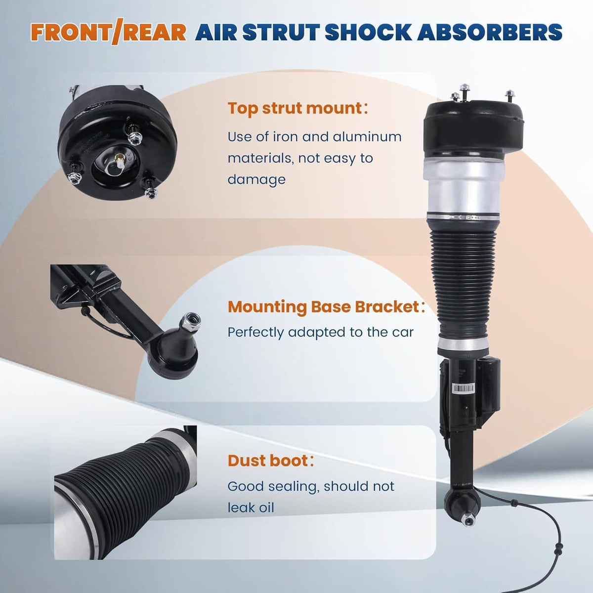 Front and rear air strut shock absorbers shown with mounting base, dust boot, wiring