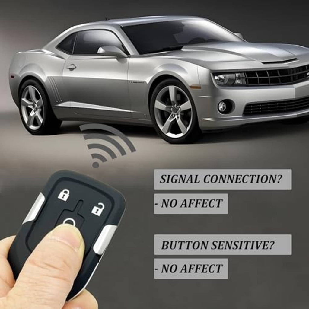 Black key fob shell case held in hand, with lock/unlock/trunk icons