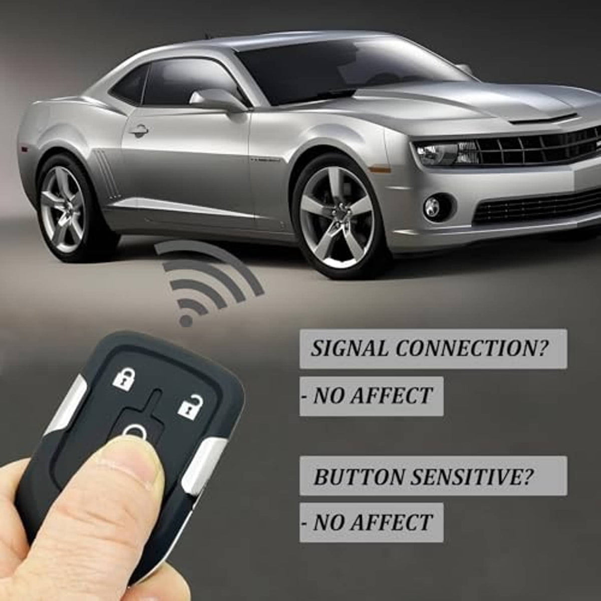 Black key fob shell case held in hand, with lock/unlock/trunk icons