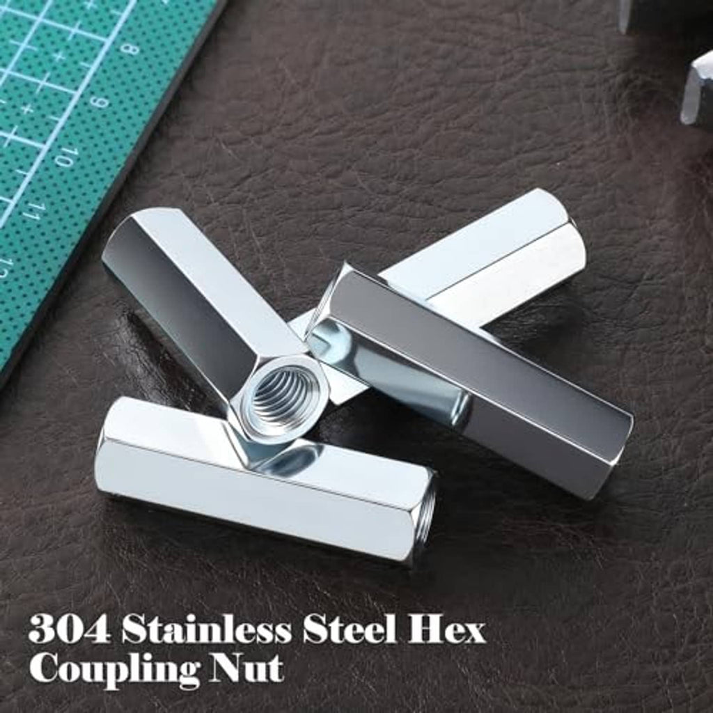 304 stainless steel hex coupling nuts, silver metal, internal threads, 4-pack