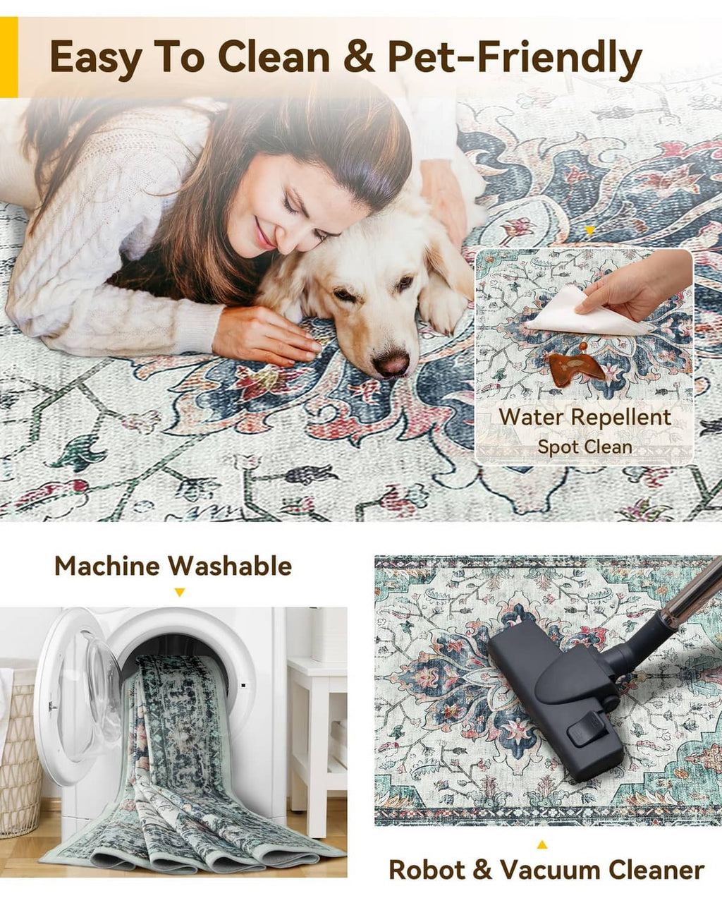 Teal and white patterned washable area rug with pet on top and spot-cleaning