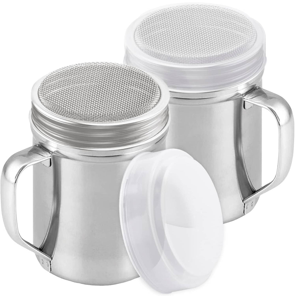 Stainless steel powdered sugar shaker duster with fine mesh lids and handles