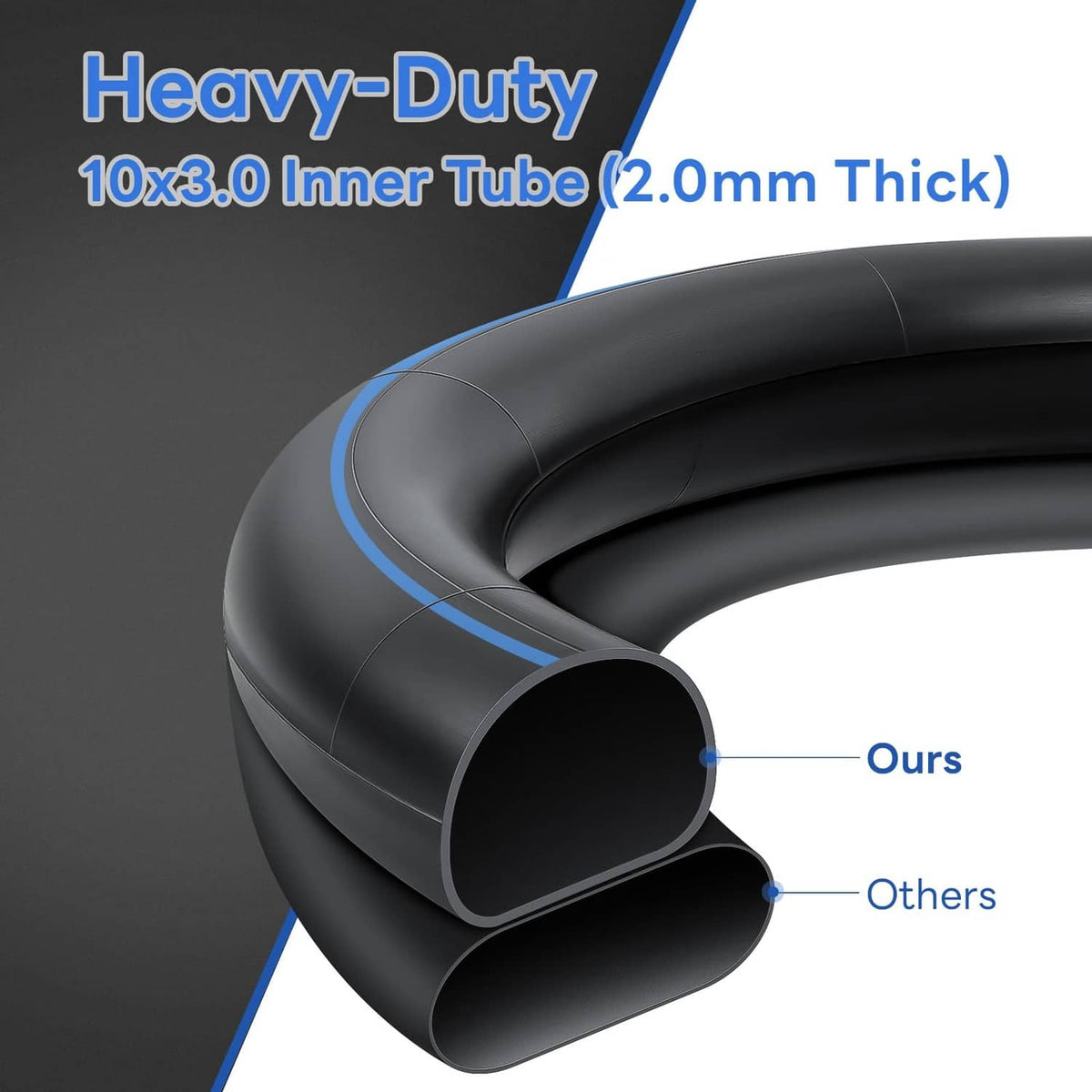 Black inner tube cross-section with blue rim stripe, heavy-duty thickness detail
