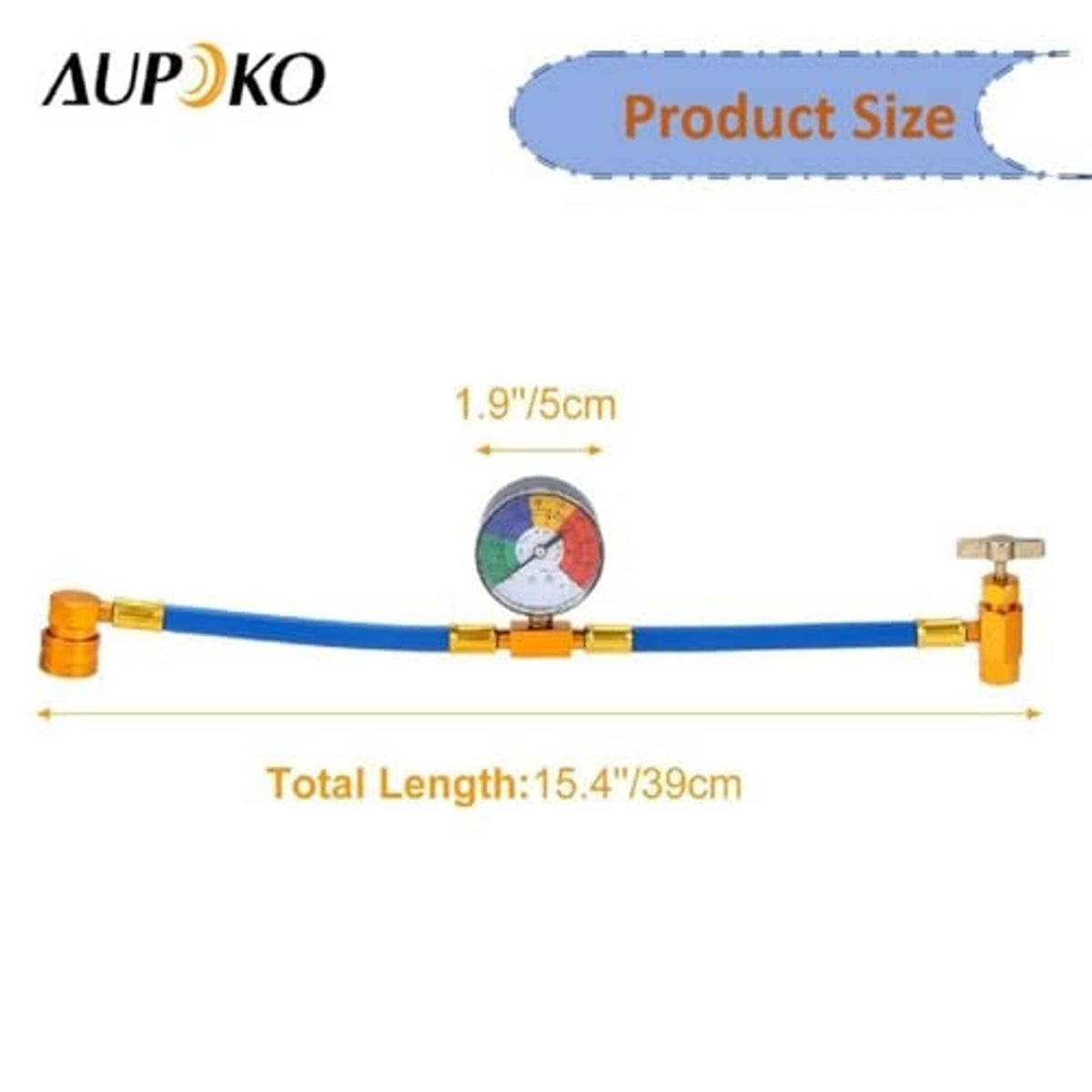 Refrigerant charging hose kit with blue hose, brass valves, and round pressure gauge