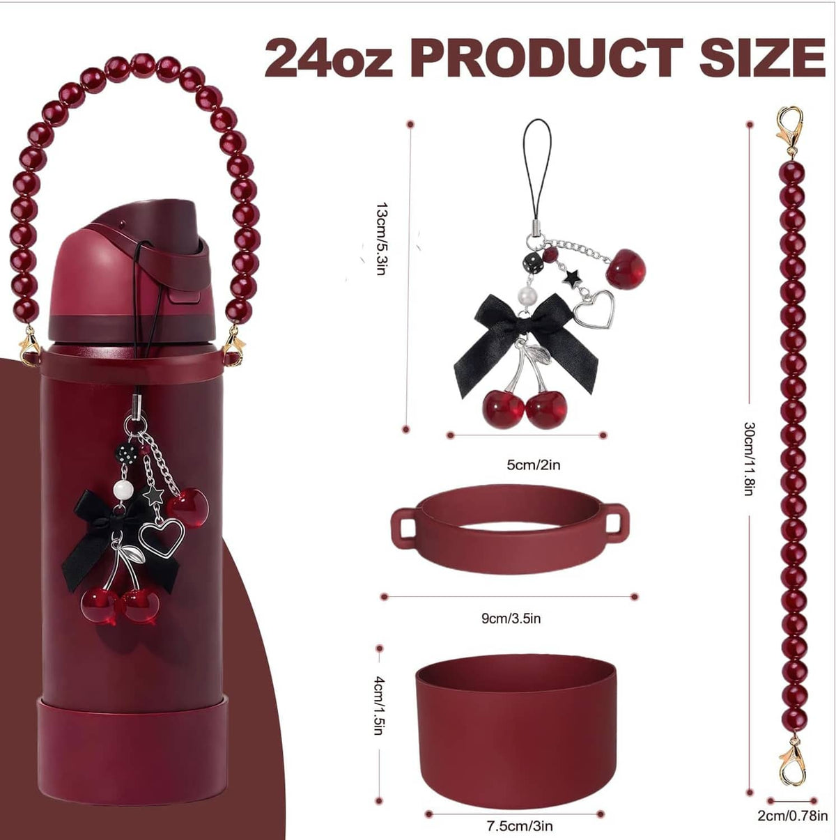 Maroon water bottle accessories set: pearl-bead lanyard, boot, and lid/handle pieces