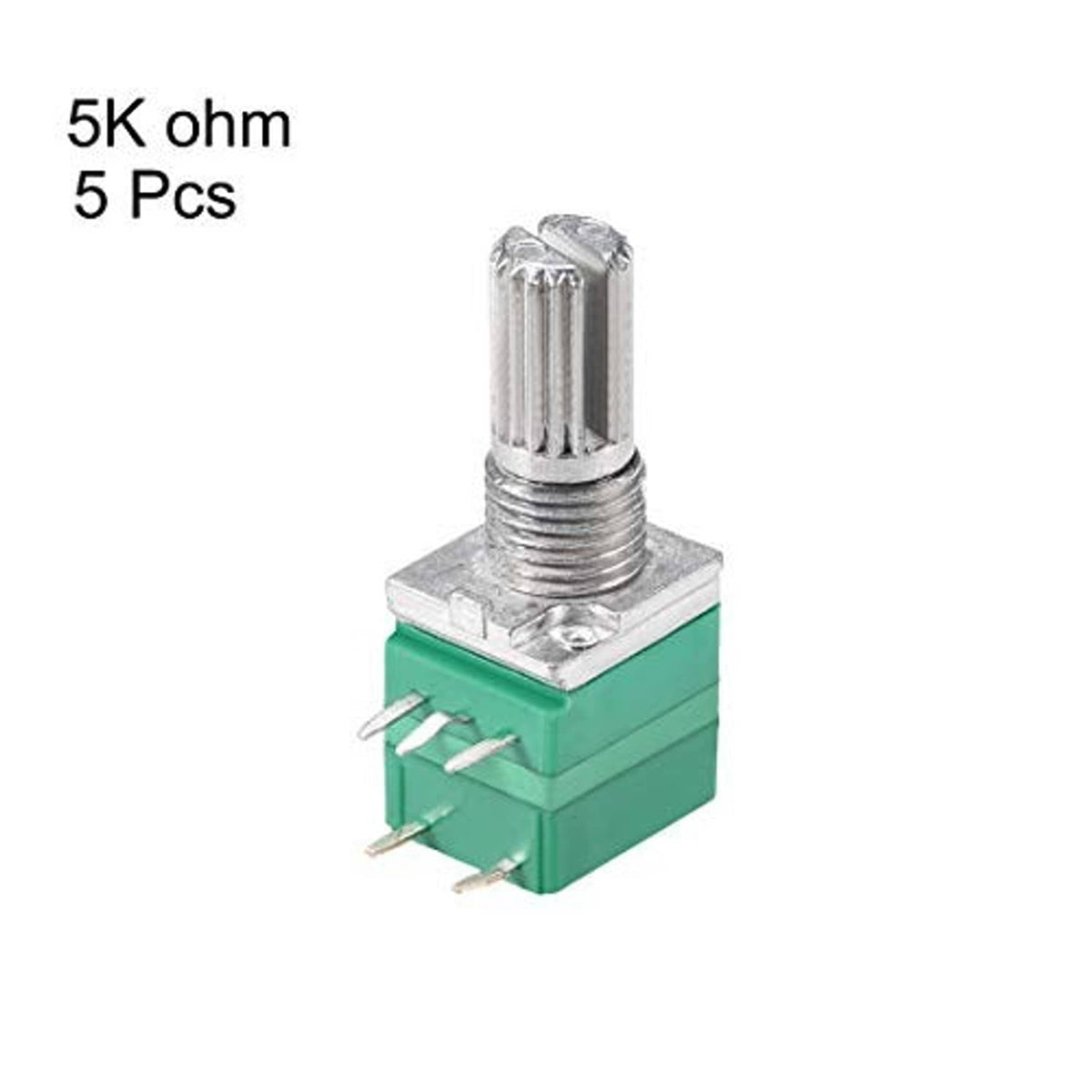 5K ohm single-turn rotary potentiometer with switch, green body and metal shaft