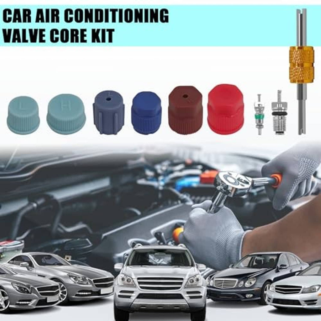 Car air conditioning valve core kit with gold tool, colored caps, and metal valve cores