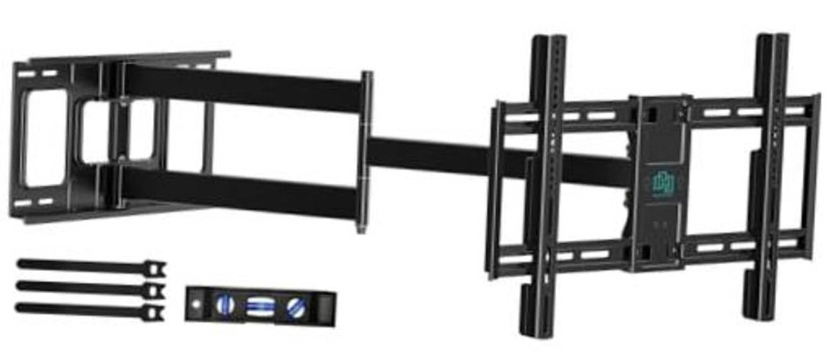 Extra long full motion TV wall mount kit with wall plate, arms, and mounting hardware.