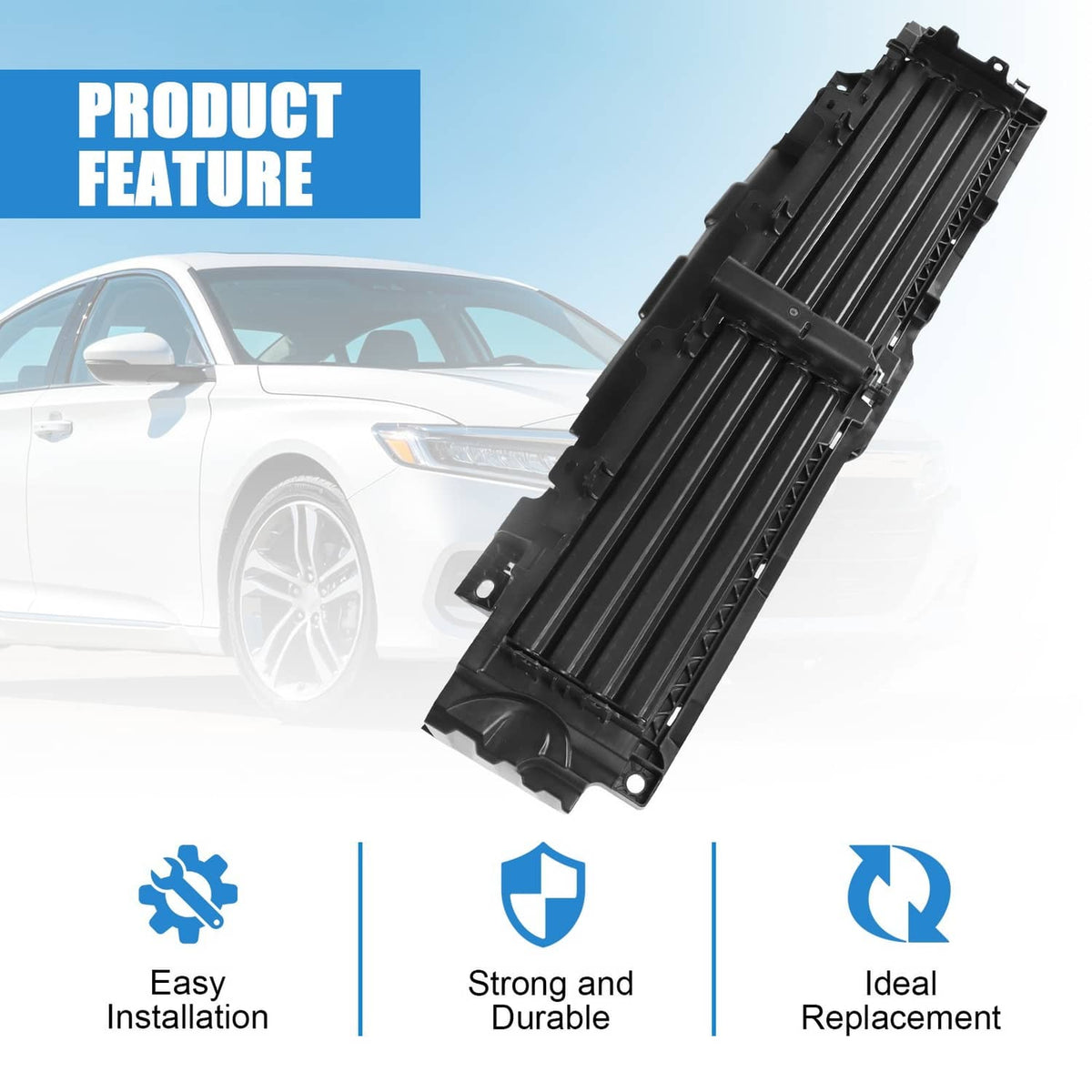 Upper radiator air shutter grille with motor, angled view of black vent slat assembly