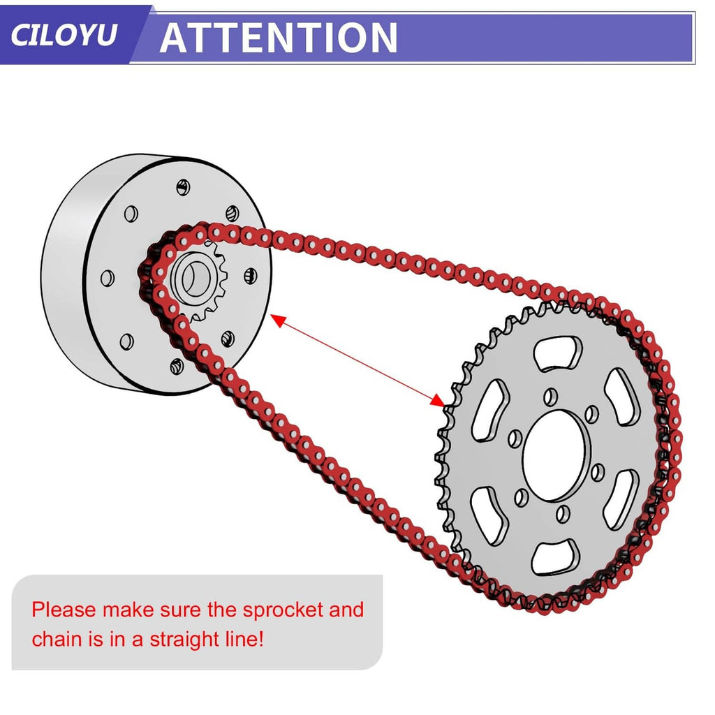 Red motorcycle-style chain and sprocket connection diagram with link pathway arrows.