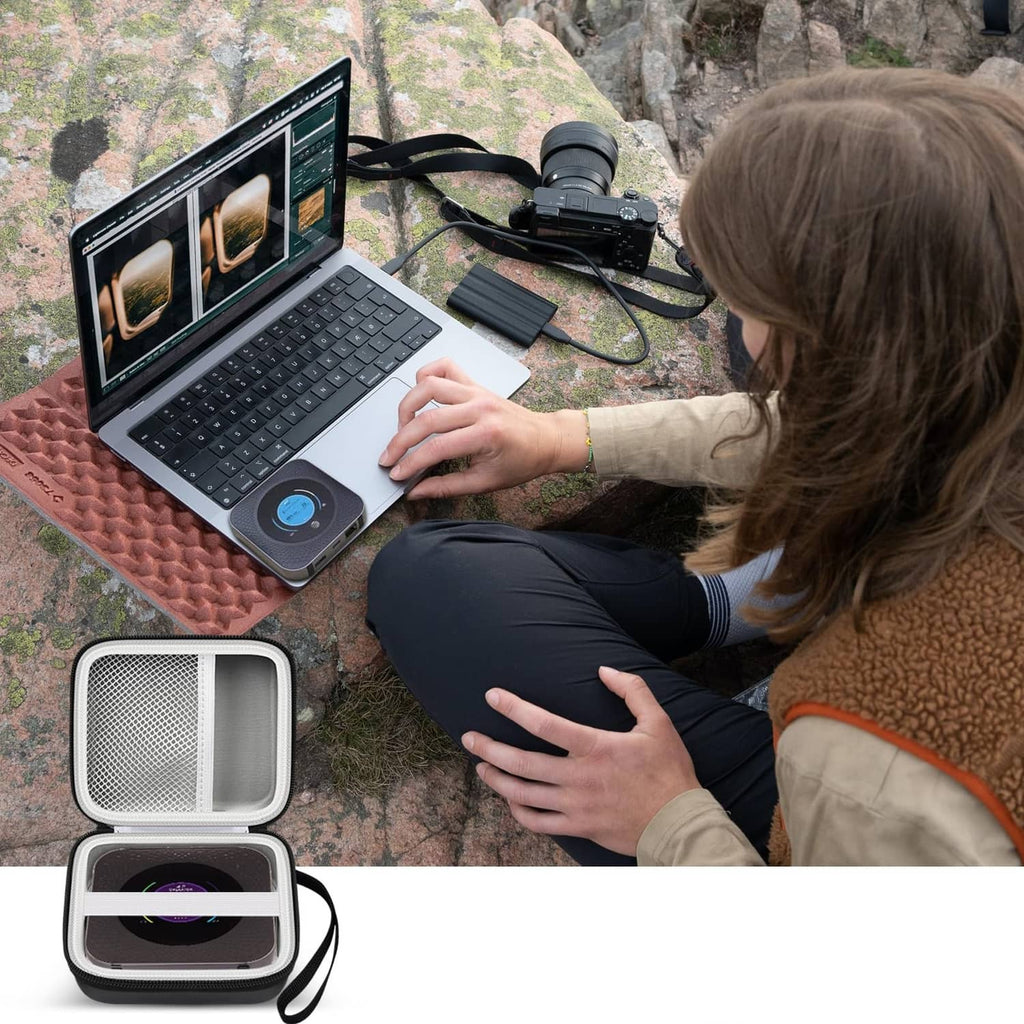 Hard EVA case with black exterior and wrist strap beside portable electronics outdoors