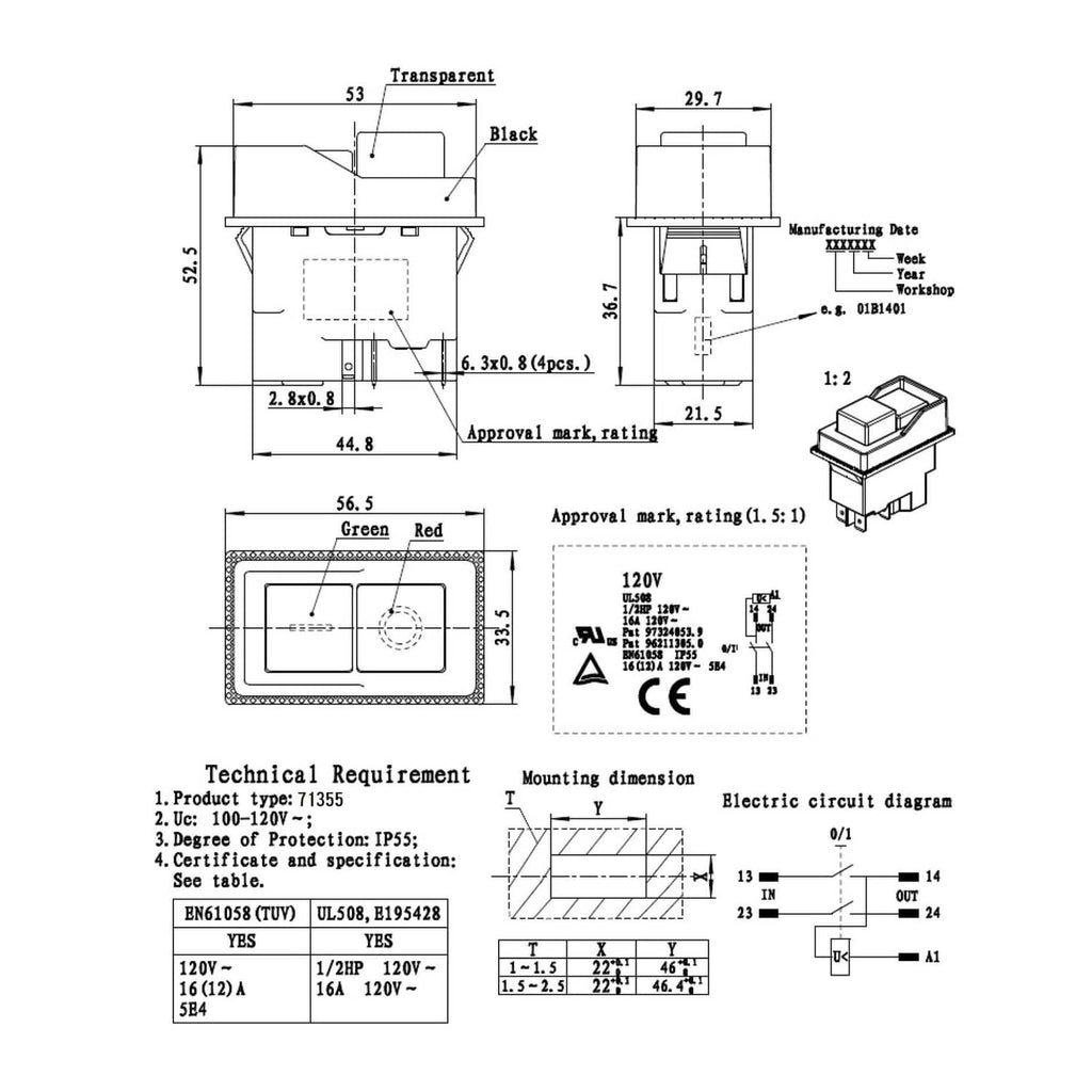 Magnetic switch technical drawing with red and green indicator labels and dimensions