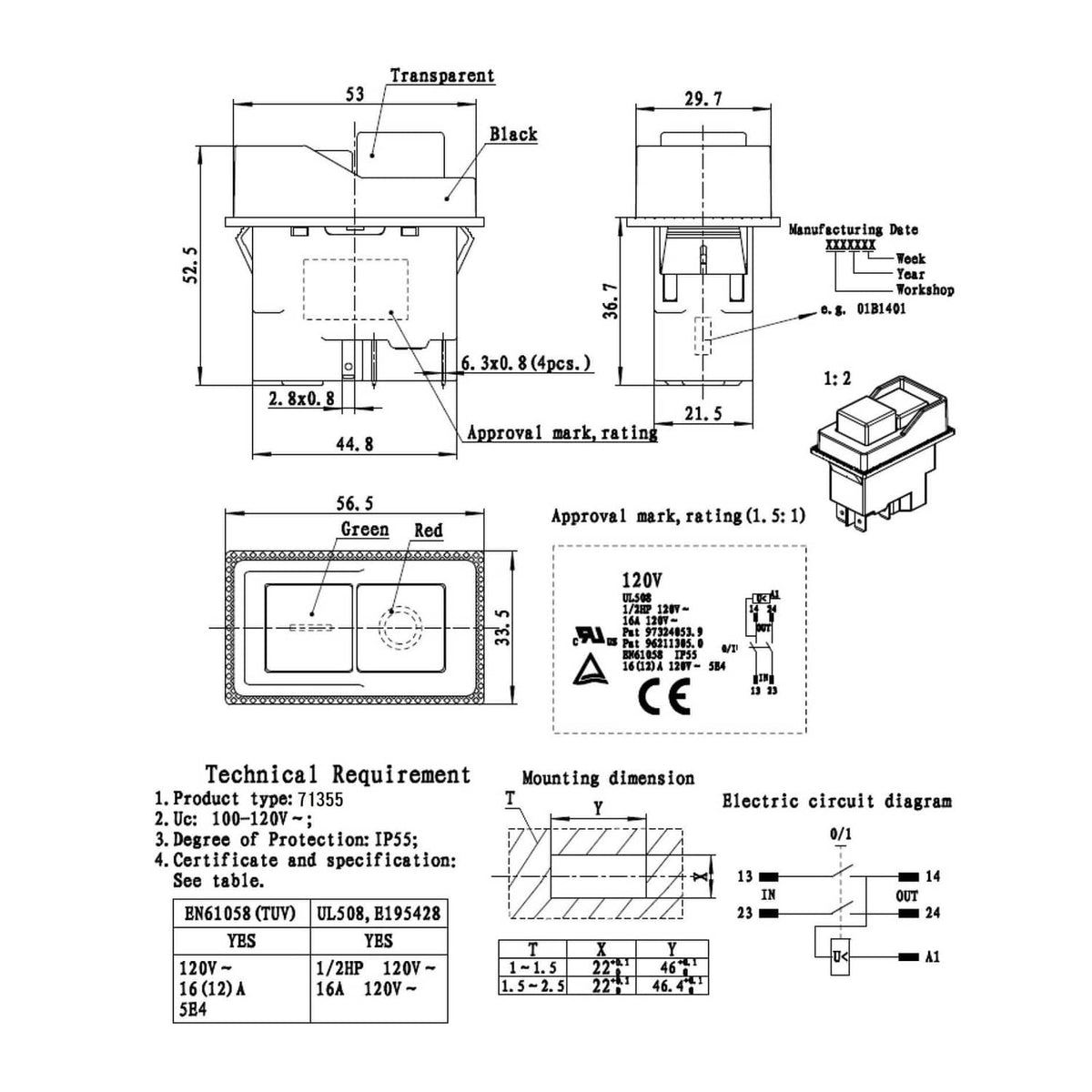 Magnetic switch technical drawing with red and green indicator labels and dimensions