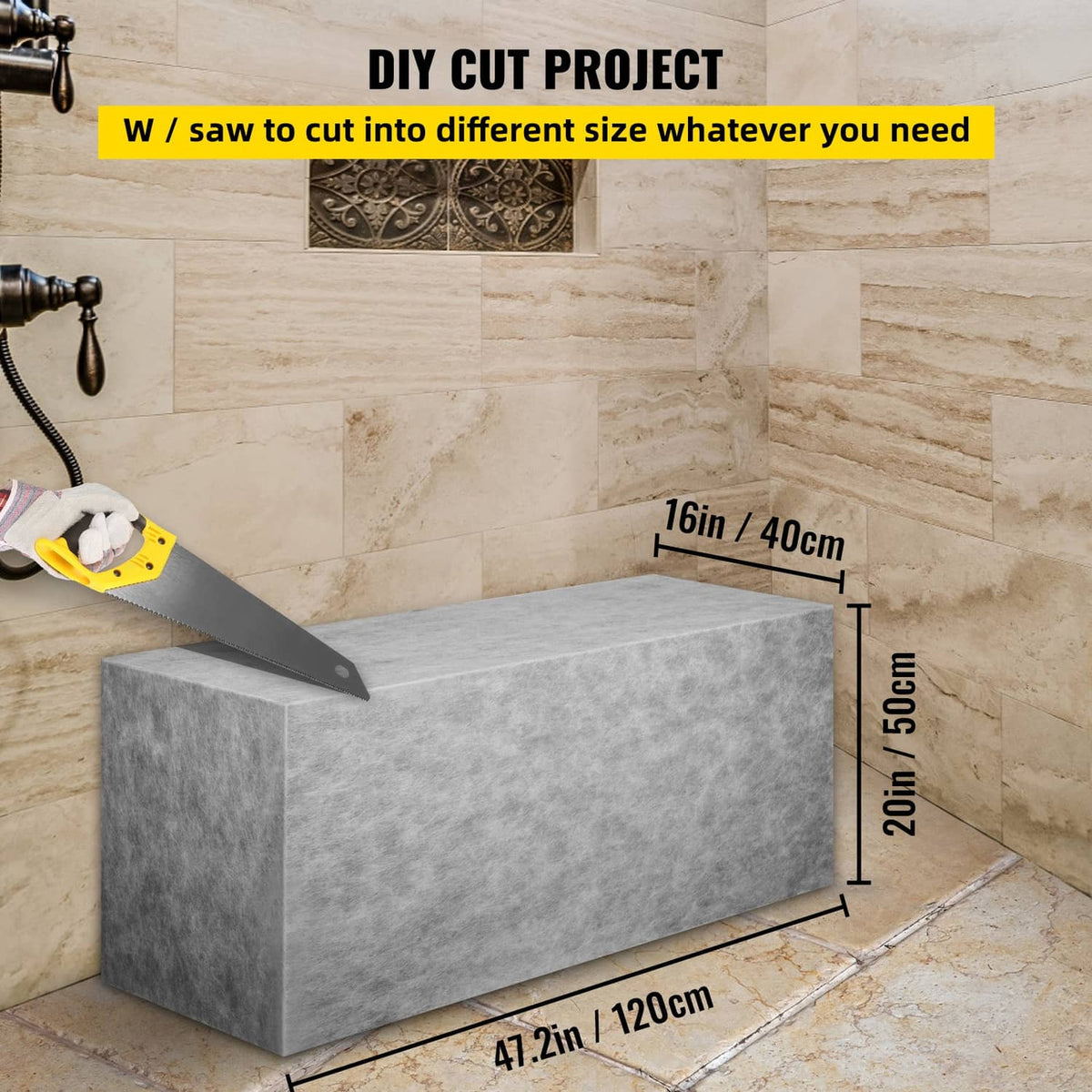 Gray rectangular shower bench board seat being cut with a saw for tile installation