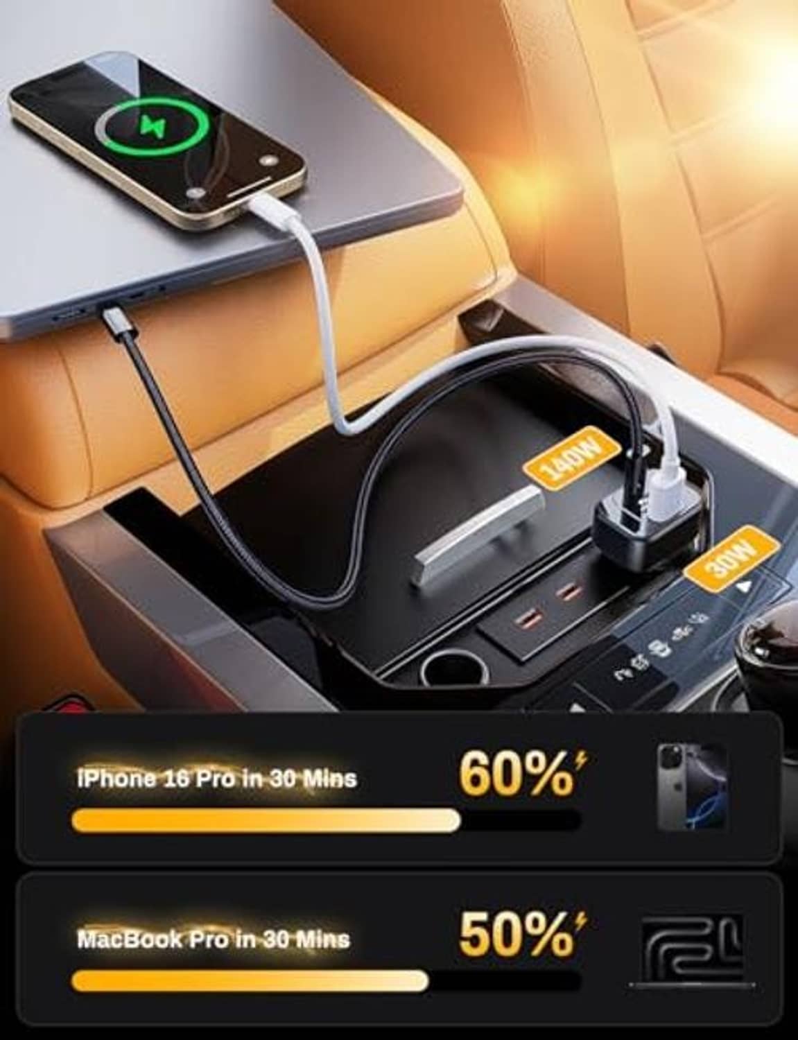 Black USB-C car charger connected in vehicle console with charging cable