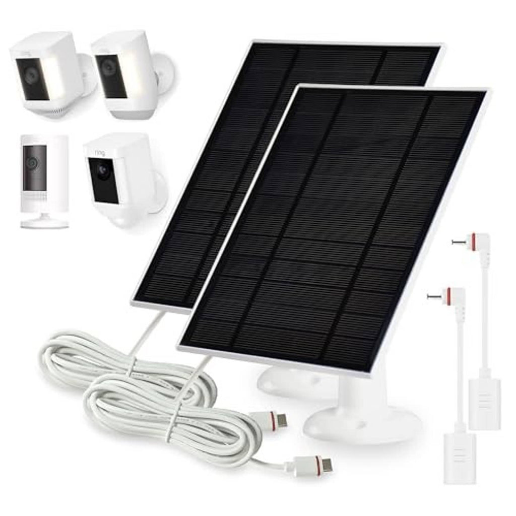 Solar panel charger kit with two solar panels, white stands, and coiled charging cables