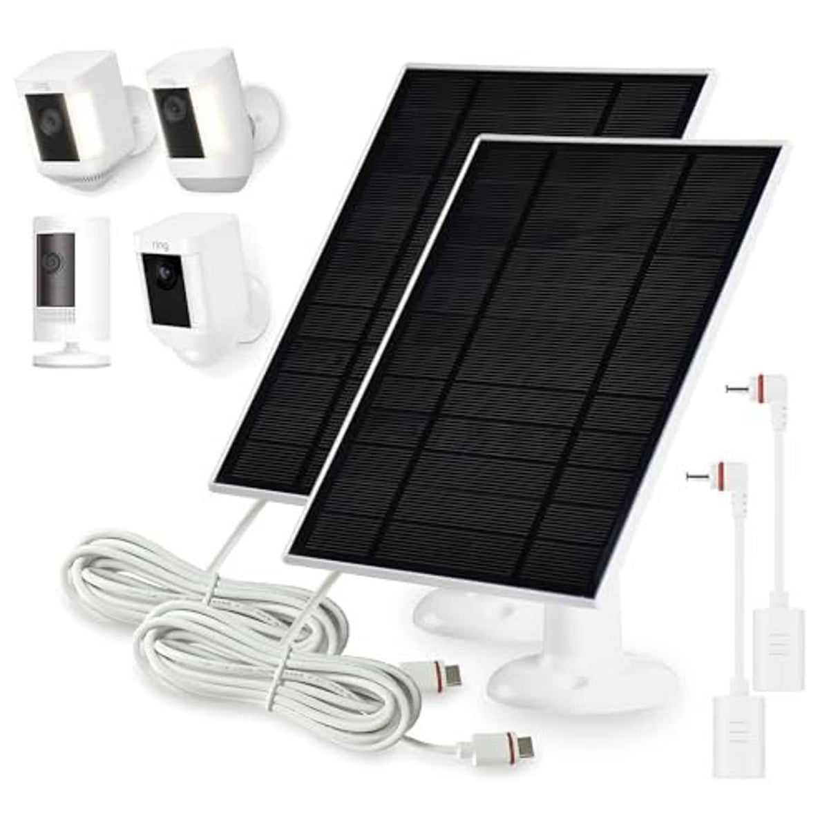 Solar panel charger kit with two solar panels, white stands, and coiled charging cables