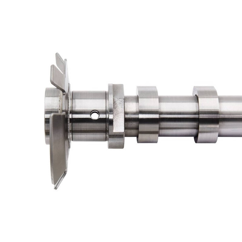 Intake camshaft end view showing mounting flange and cross-drilled hole