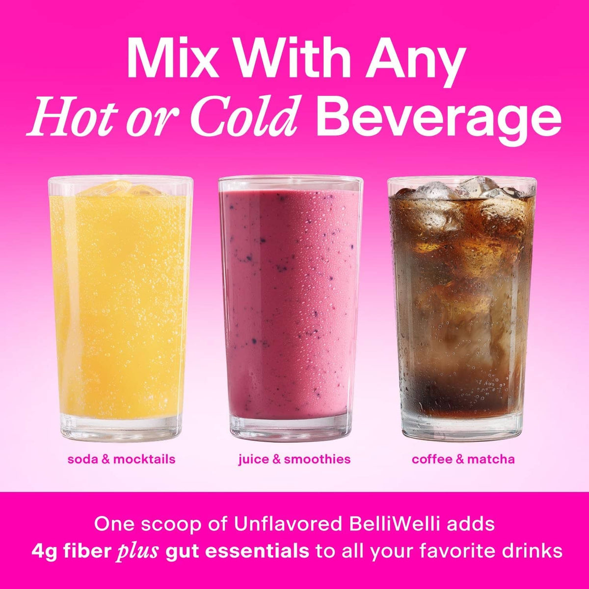 Unflavored fiber supplement mixed in soda, juice smoothie, or coffee and matcha glasses.