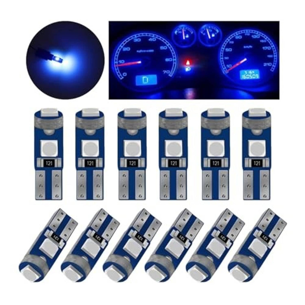 Pack of T5 LED bulbs with bright blue glow, multiple units and lit gauges
