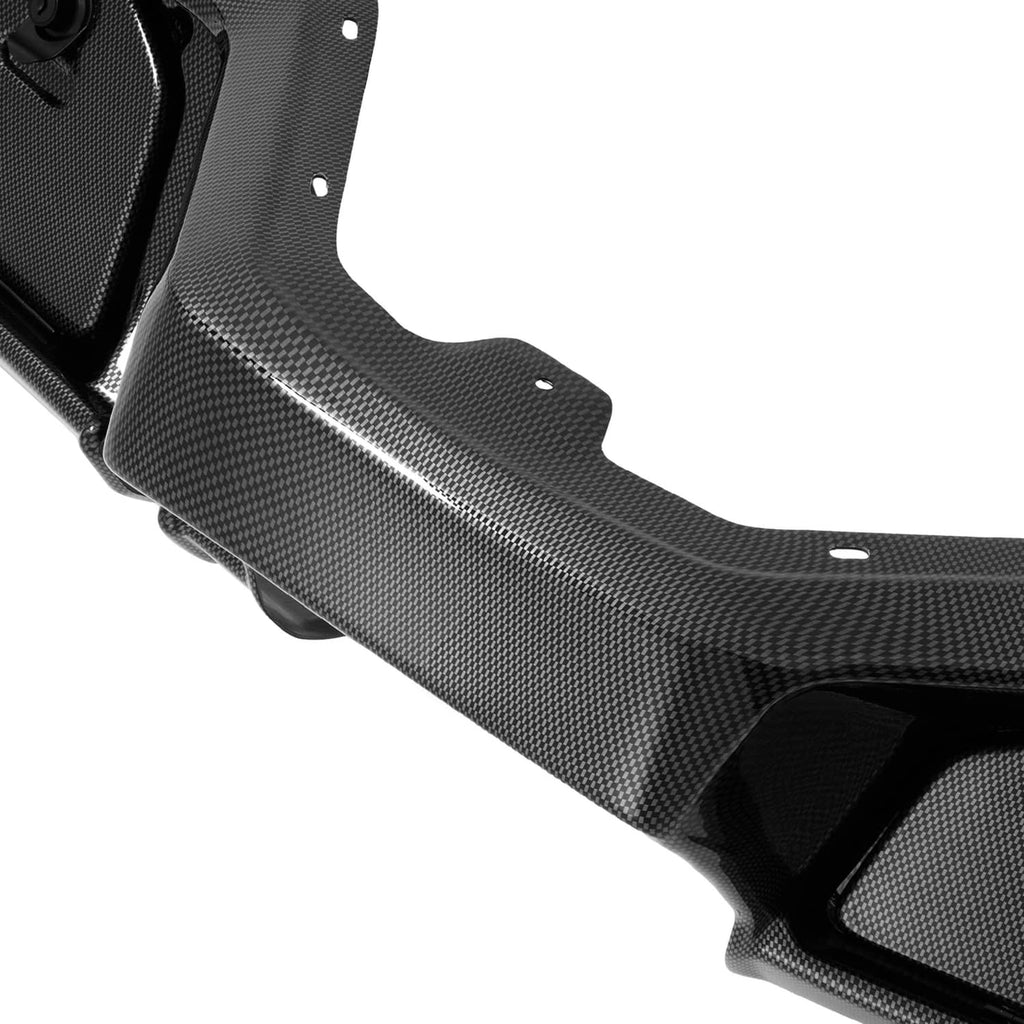 Carbon fiber style dash cover trim piece with mounting holes and edge cutouts