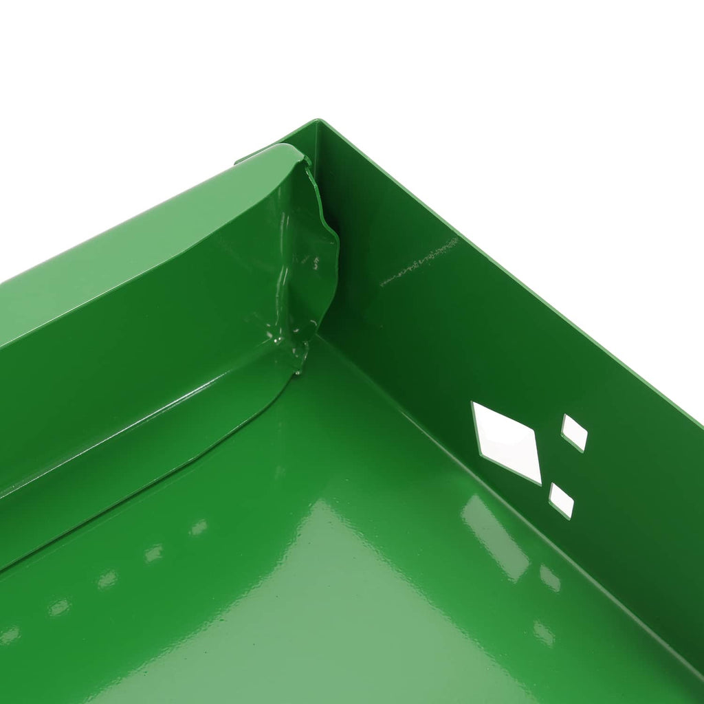 Green battery box interior tray with side mounting slots and openings