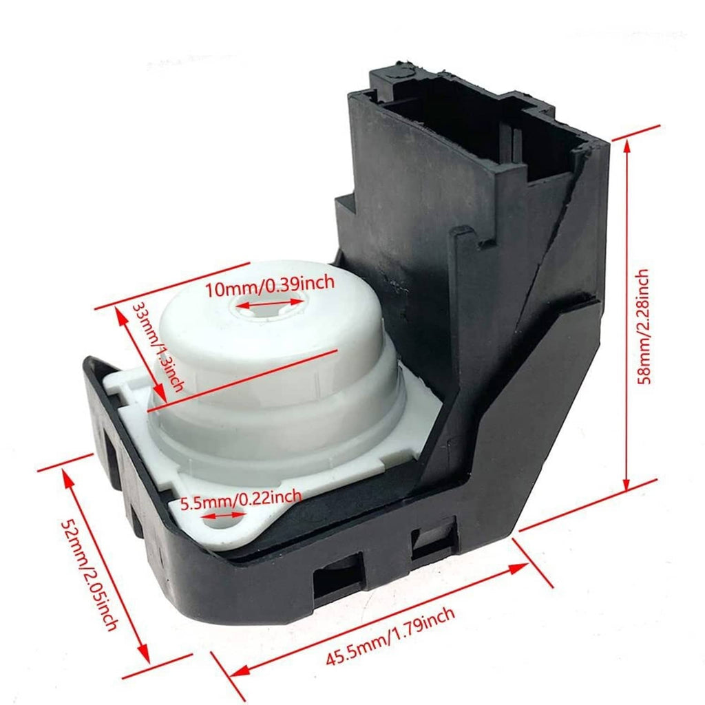 Ignition switch with white actuator button and black mounting frame, shown with dimensions