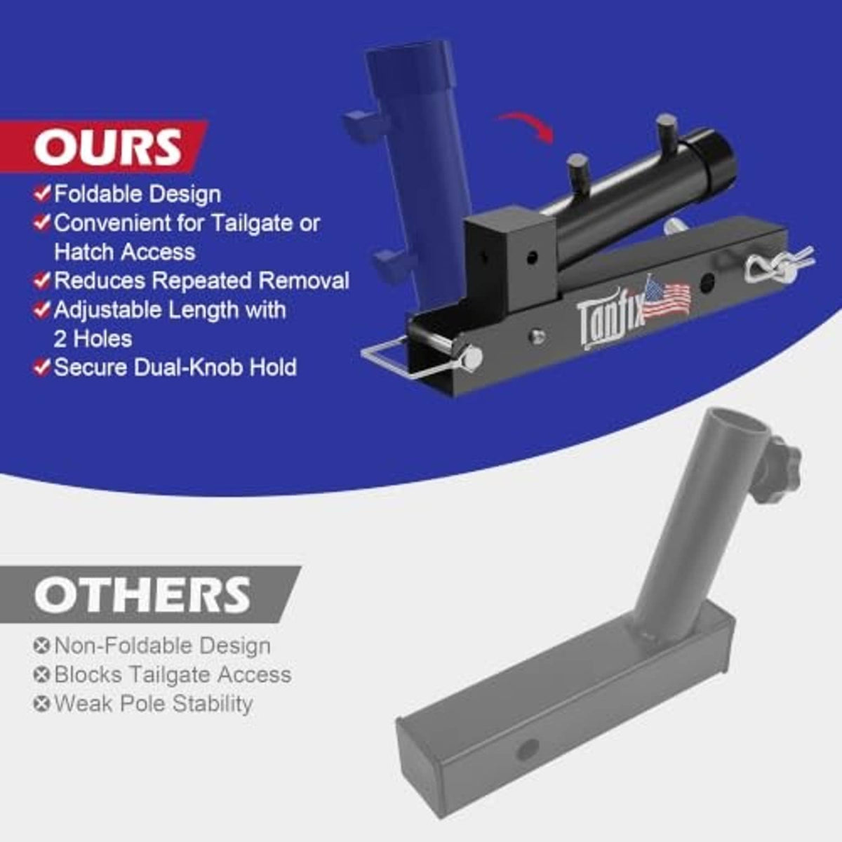 Black hitch mount flagpole holder with adjustable dual-knob secure fit