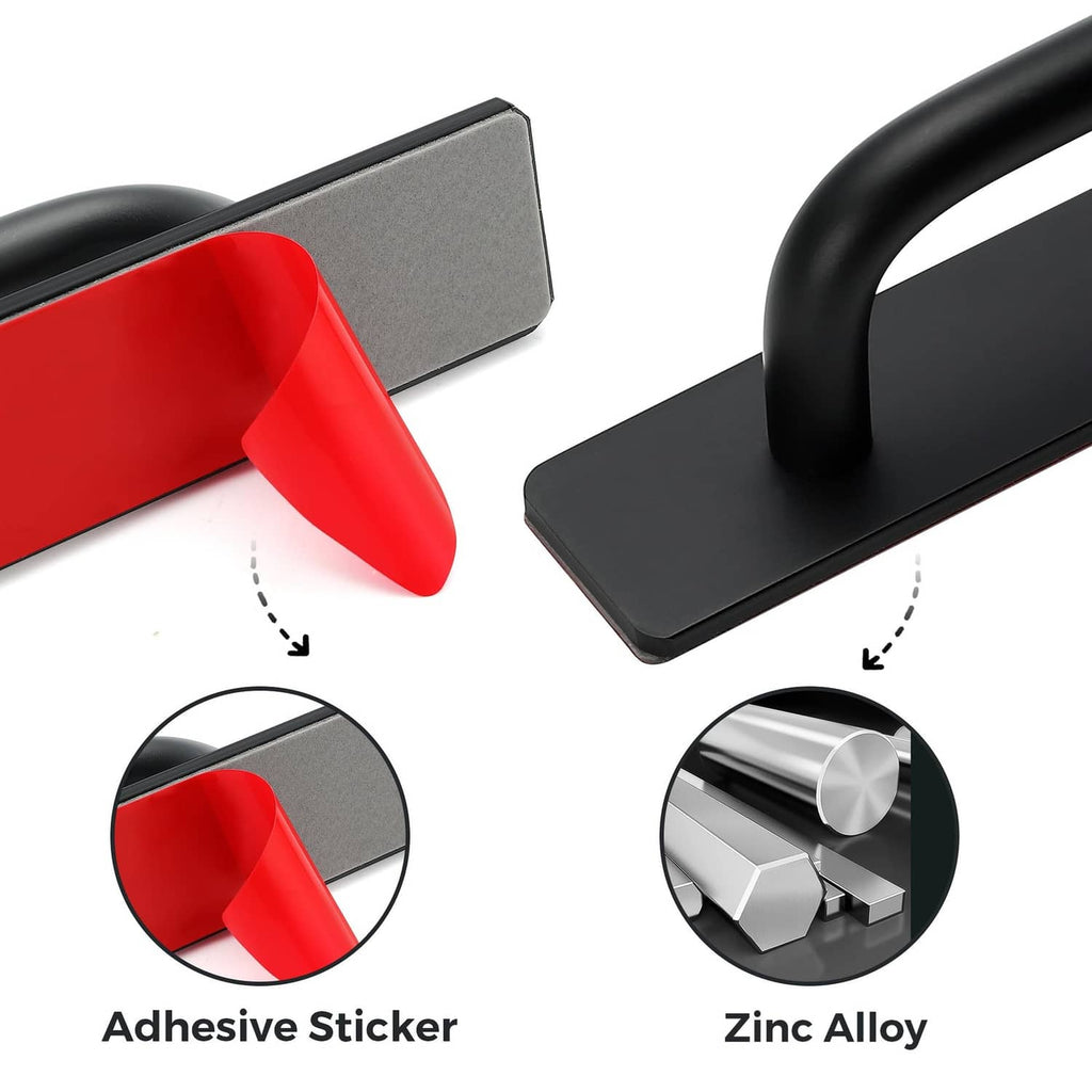 Black cabinet handle with red adhesive backing and zinc alloy metal construction
