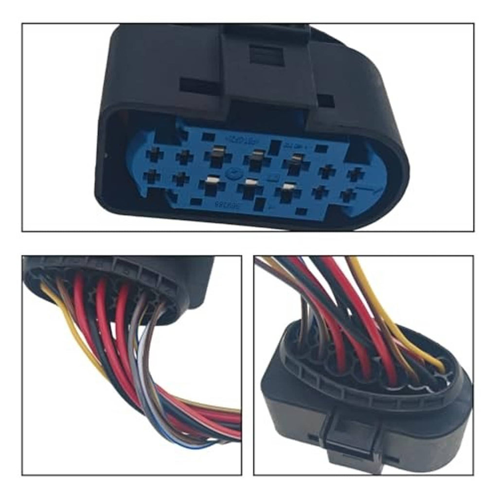 Black housing 14-pin headlight connector with blue insert and multicolor wire ends