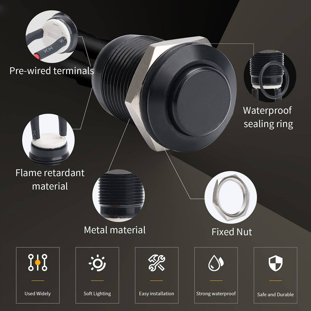 Momentary push button switch with black cap, fixed nut, and waterproof sealing ring