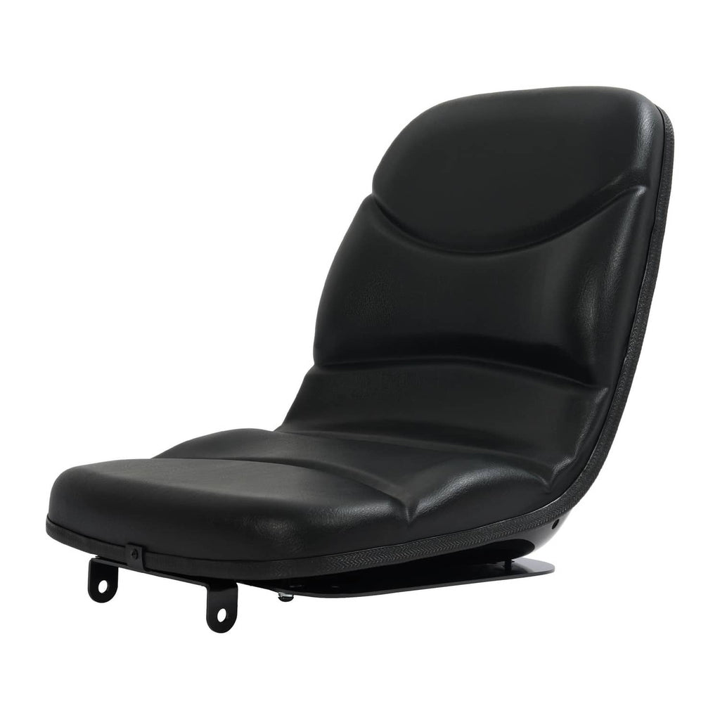 Black tractor seat with rounded headrest and padded cushion, mounted hardware visible.