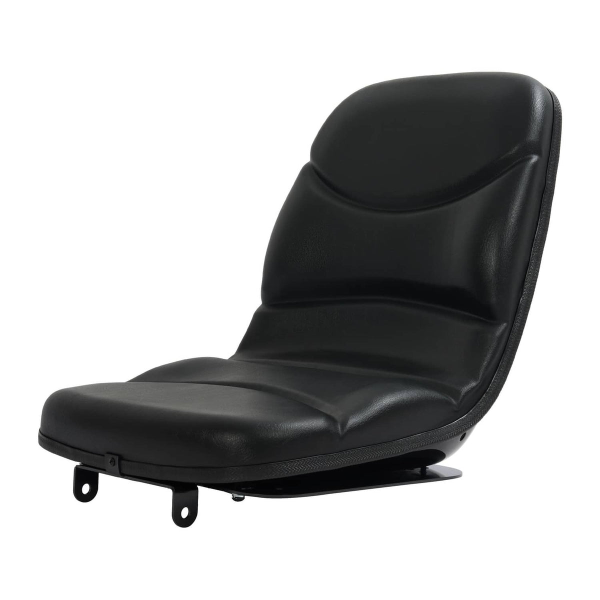 Black tractor seat with rounded headrest and padded cushion, mounted hardware visible.