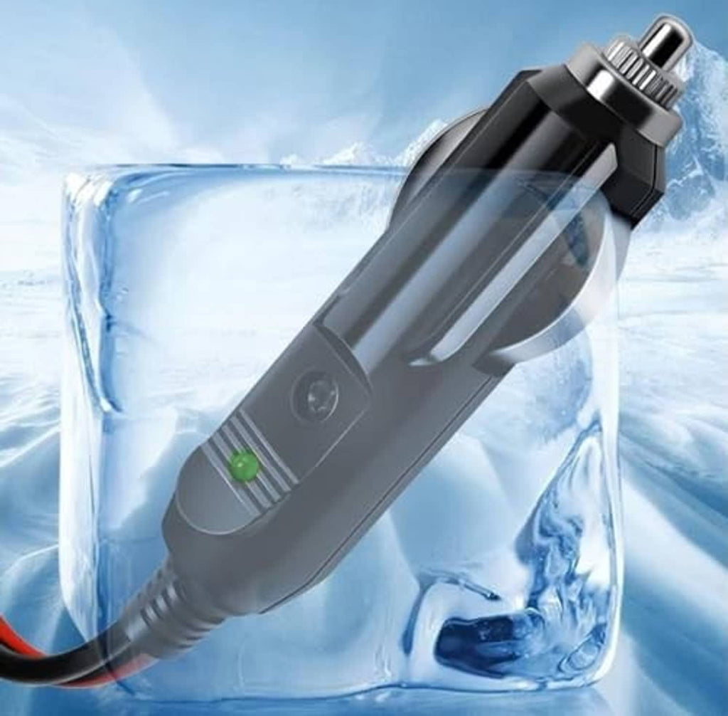 Car power plug adapter with green indicator and connected red cable lead
