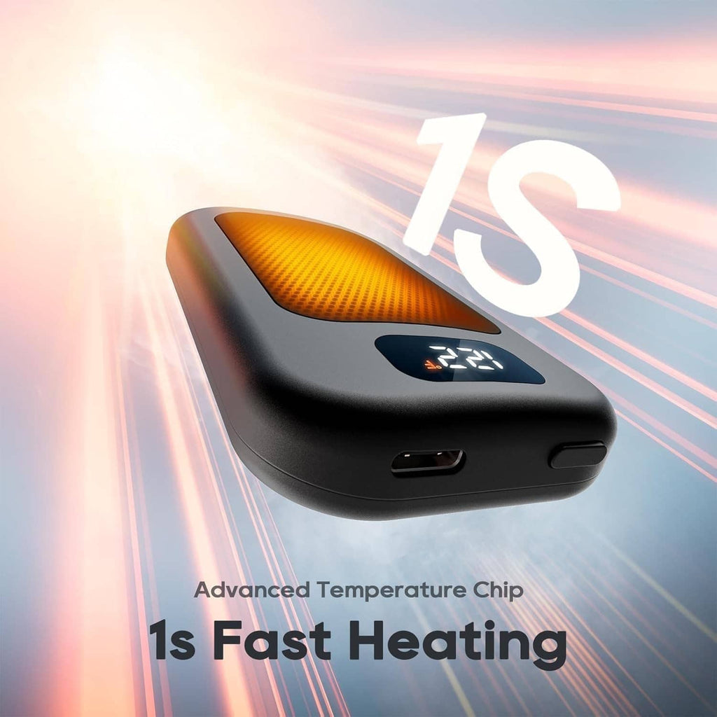 Black portable hand warmer with glowing heating indicator and USB port