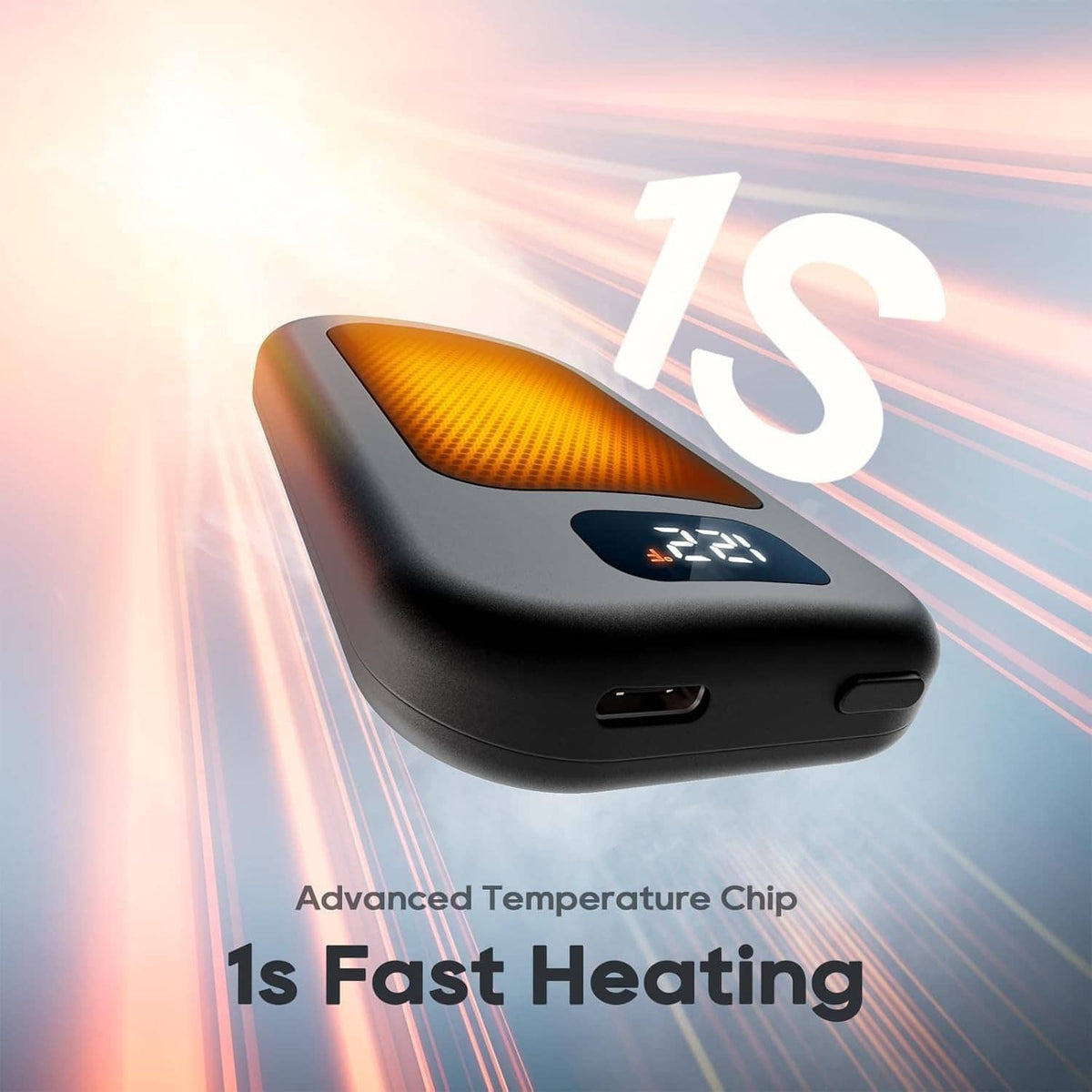 Black portable hand warmer with glowing heating indicator and USB port