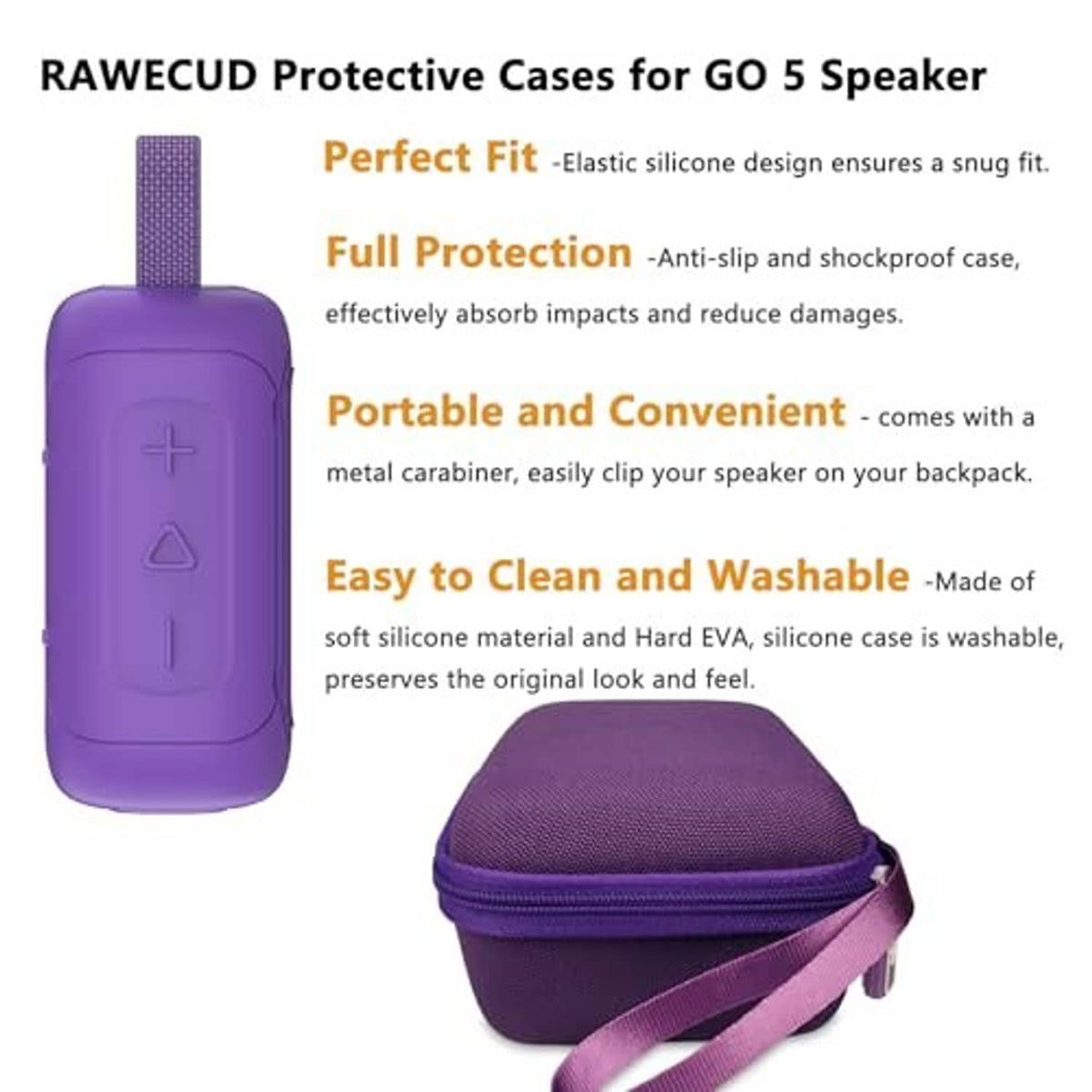 Purple silicone and hard EVA speaker case with strap and carabiner