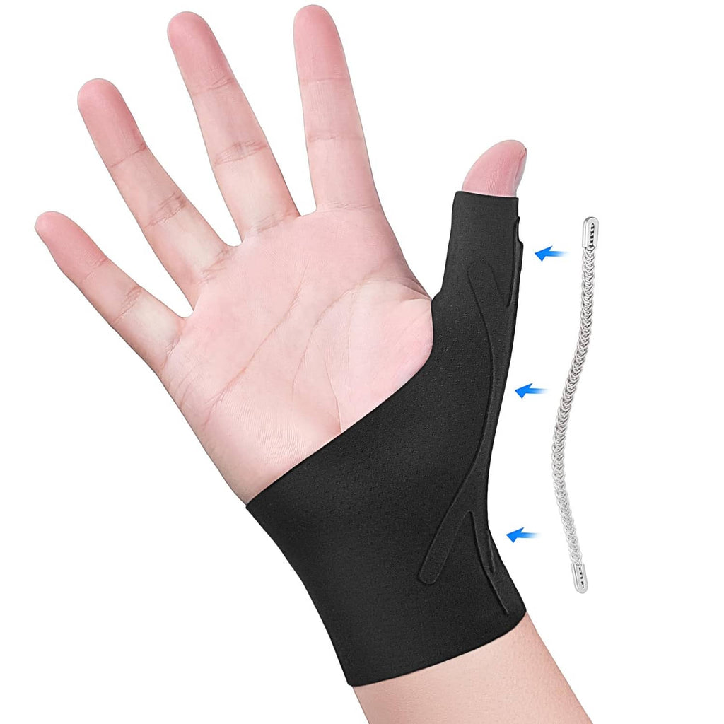 Black thumb wrist brace with stabilizing splint, compression support