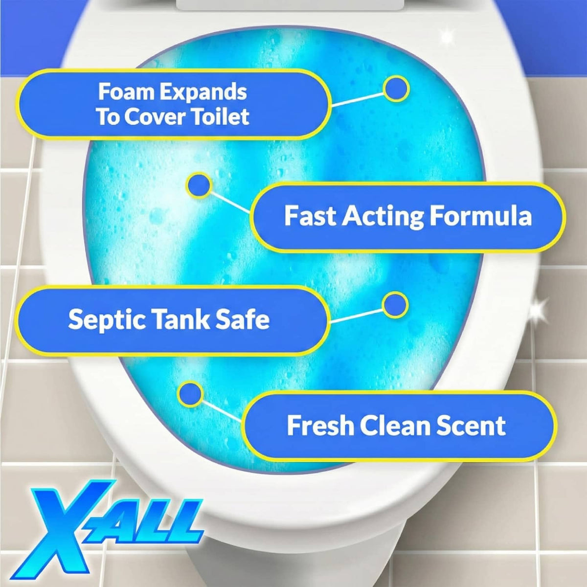 Toilet bowl covered in expanding blue foam from self-activating powder cleaner