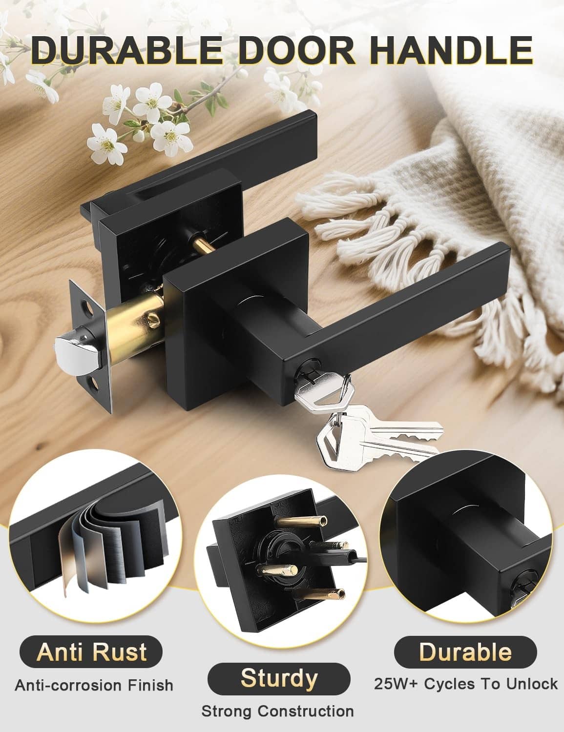 Black entry door lever handle with keys and strike plate hardware on wood