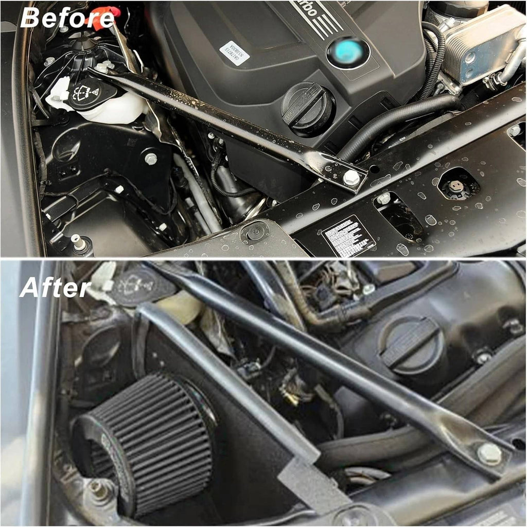 Cold air intake filter and tube in engine bay, black with red outlet