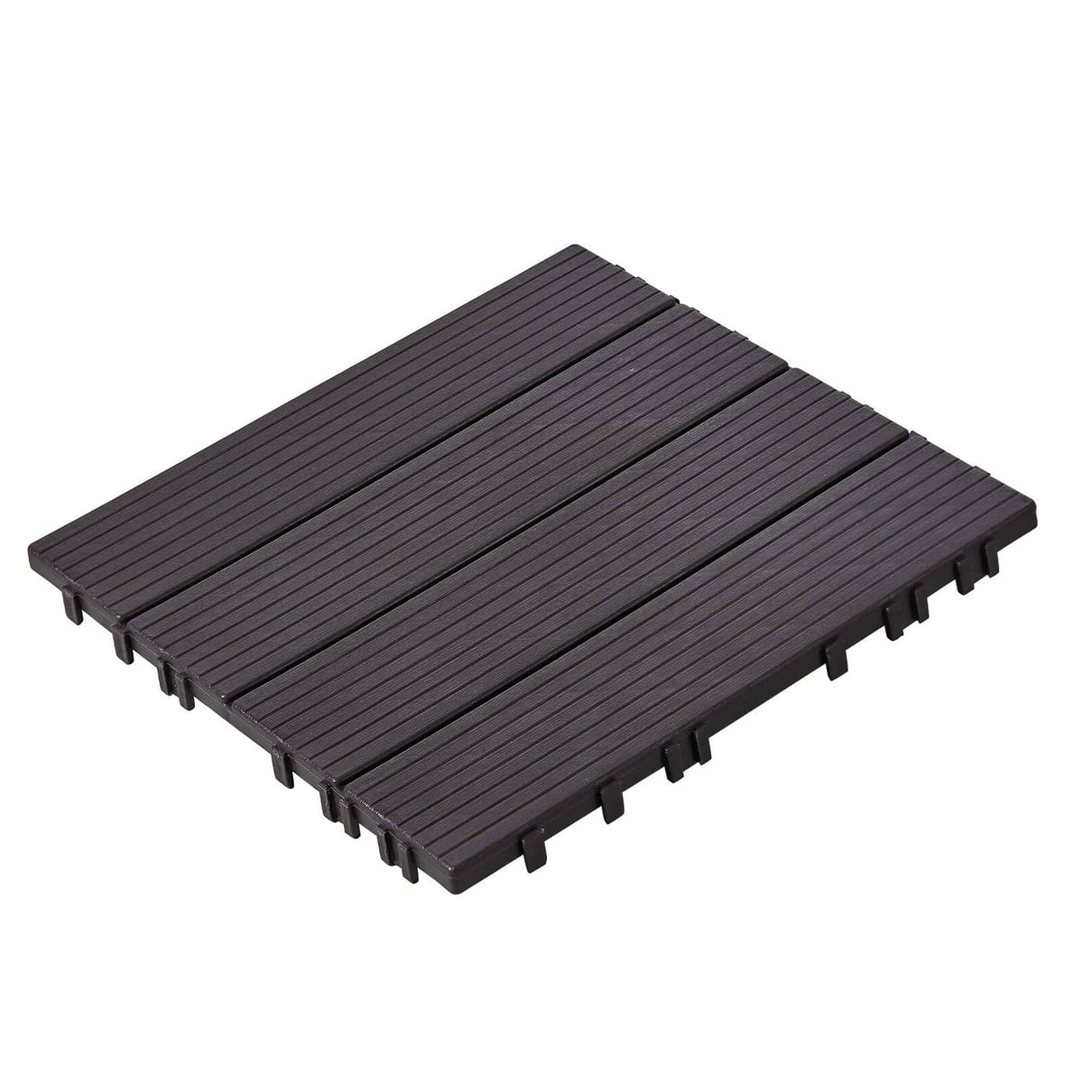 Interlocking deck tile, dark brown waterproof-style surface with snap tabs