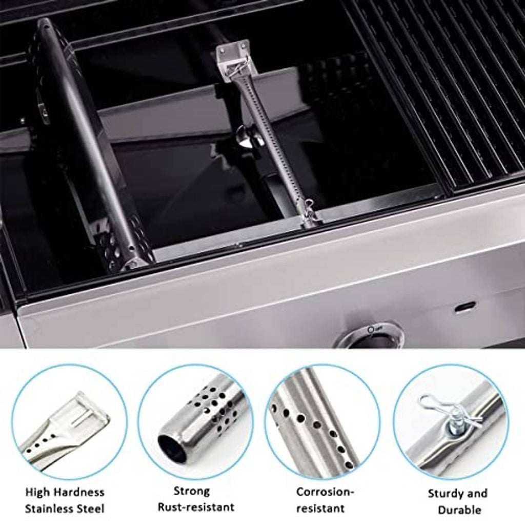 Stainless steel burner assembly with adjustable bracket installed inside a grill firebox