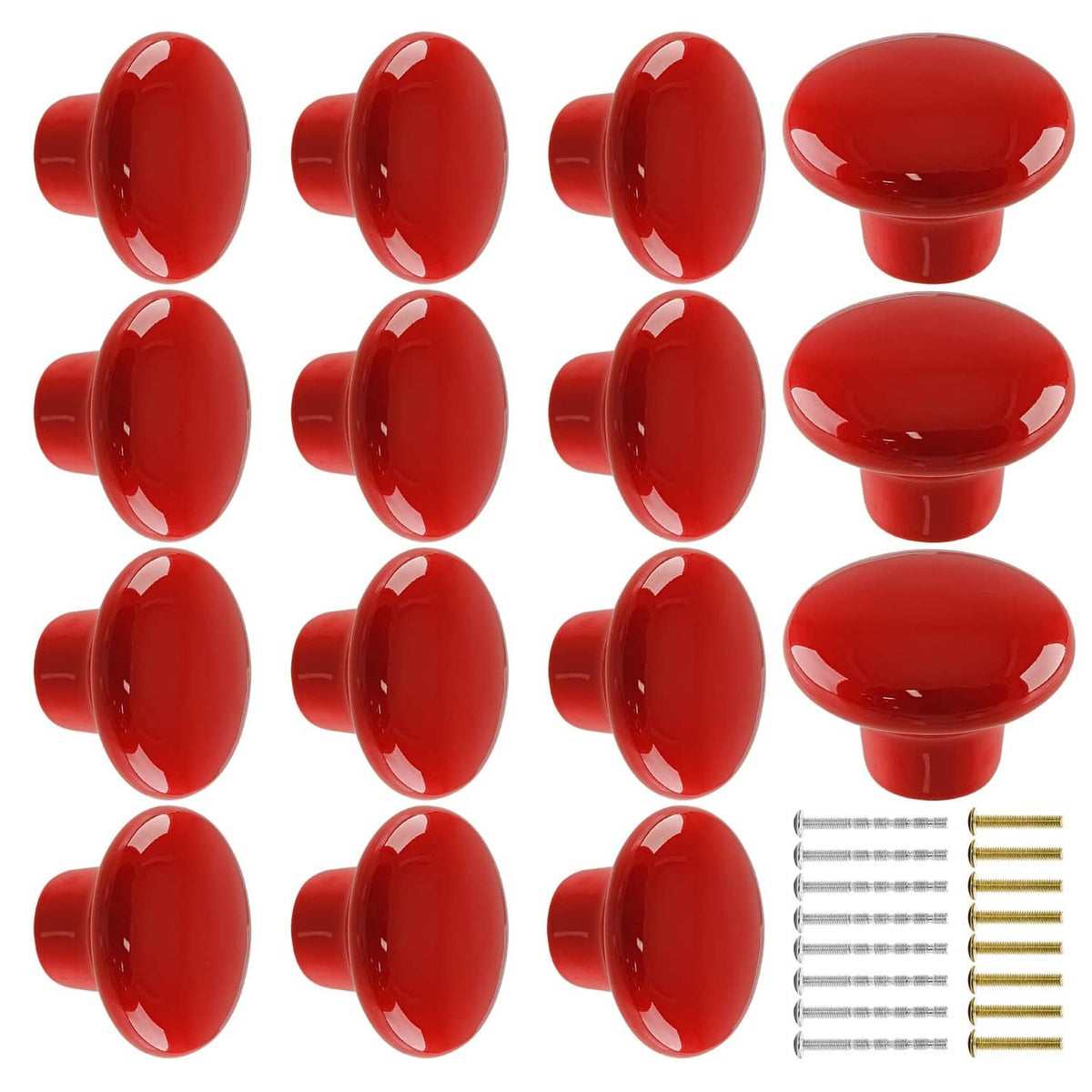 Set of red glossy round ceramic drawer knobs with mounting screws