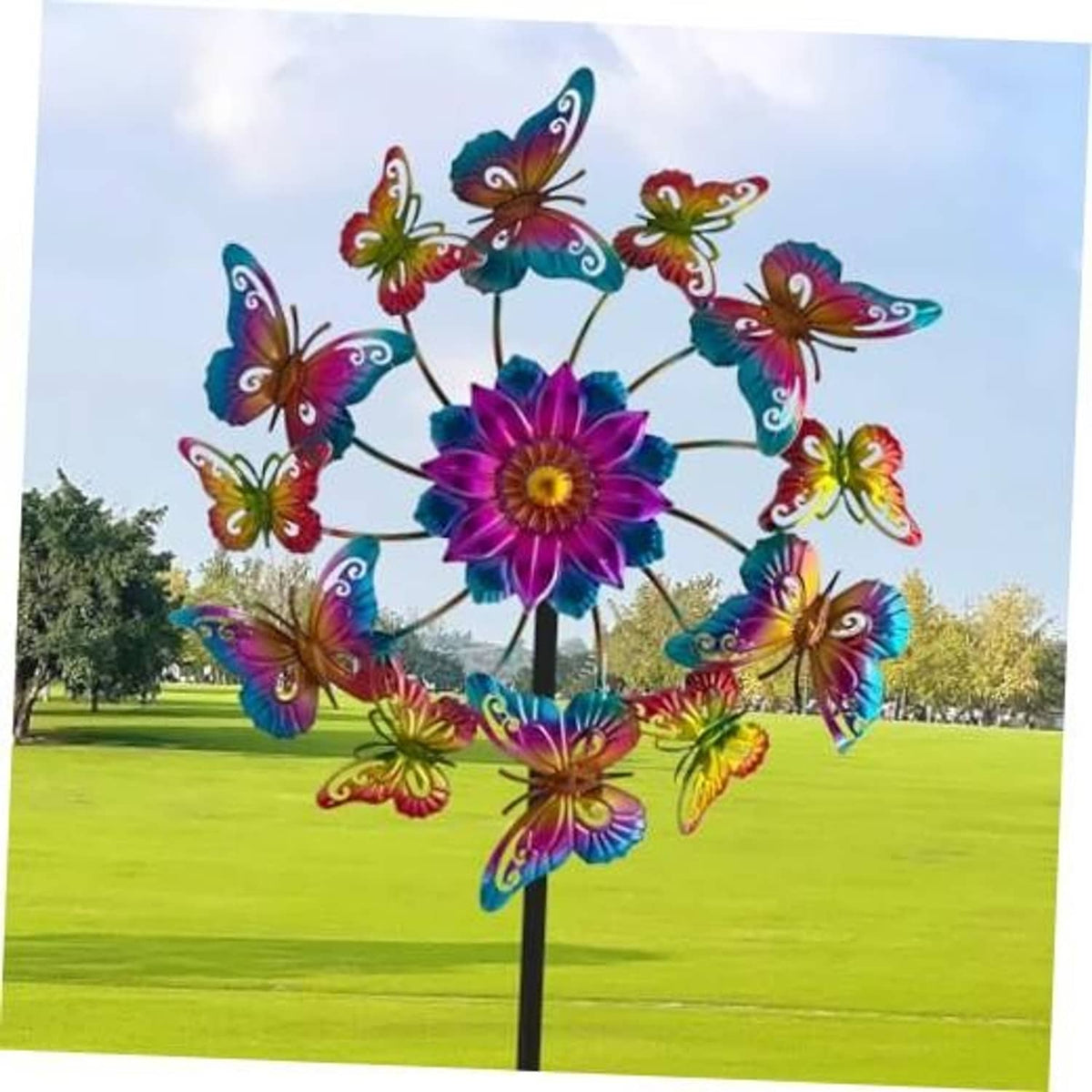 Colorful butterfly and flower wind spinner with metal yard stake, bright multicolor design