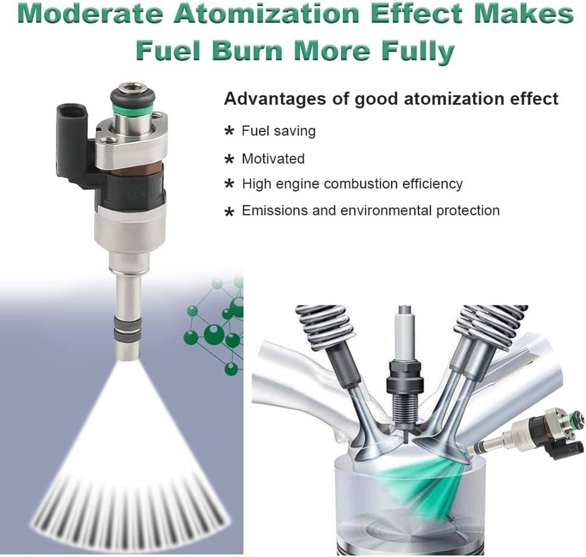 Fuel injector with silver body and green O-ring, shown for atomized spray effect