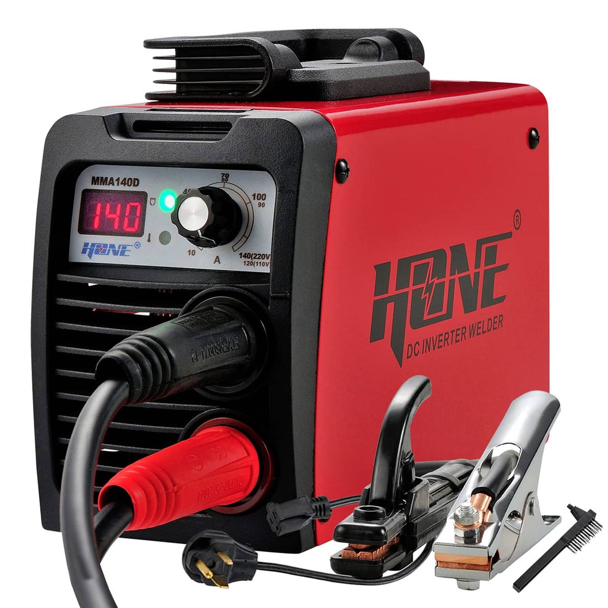 Red and black stick welder with digital display, current knob, and electrode holder leads