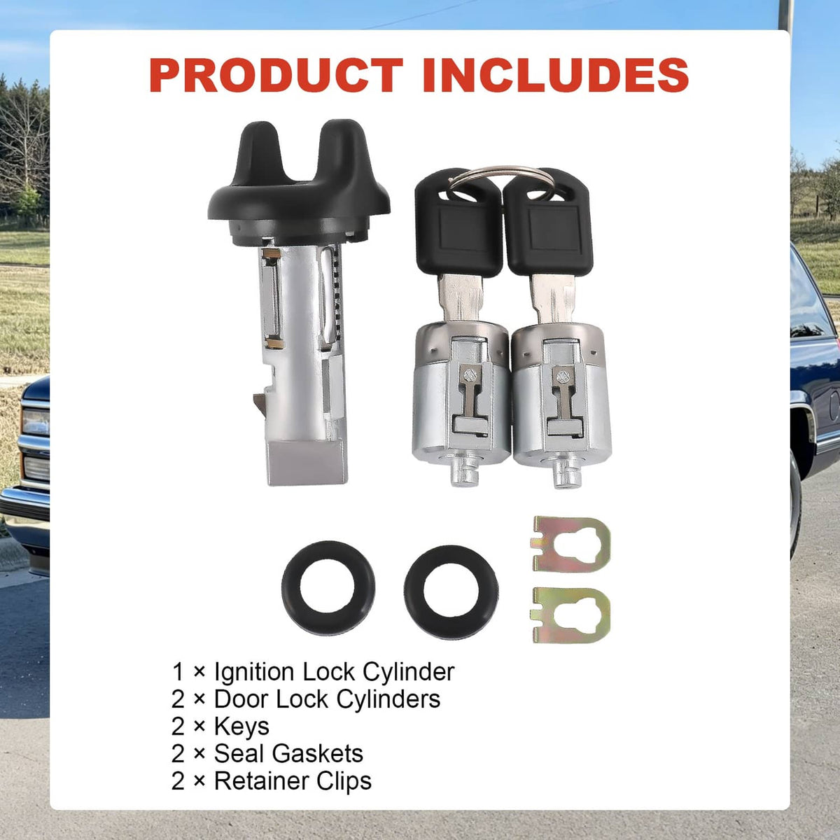 Ignition lock cylinder, two door lock cylinders, keys, seals, and retaining clips