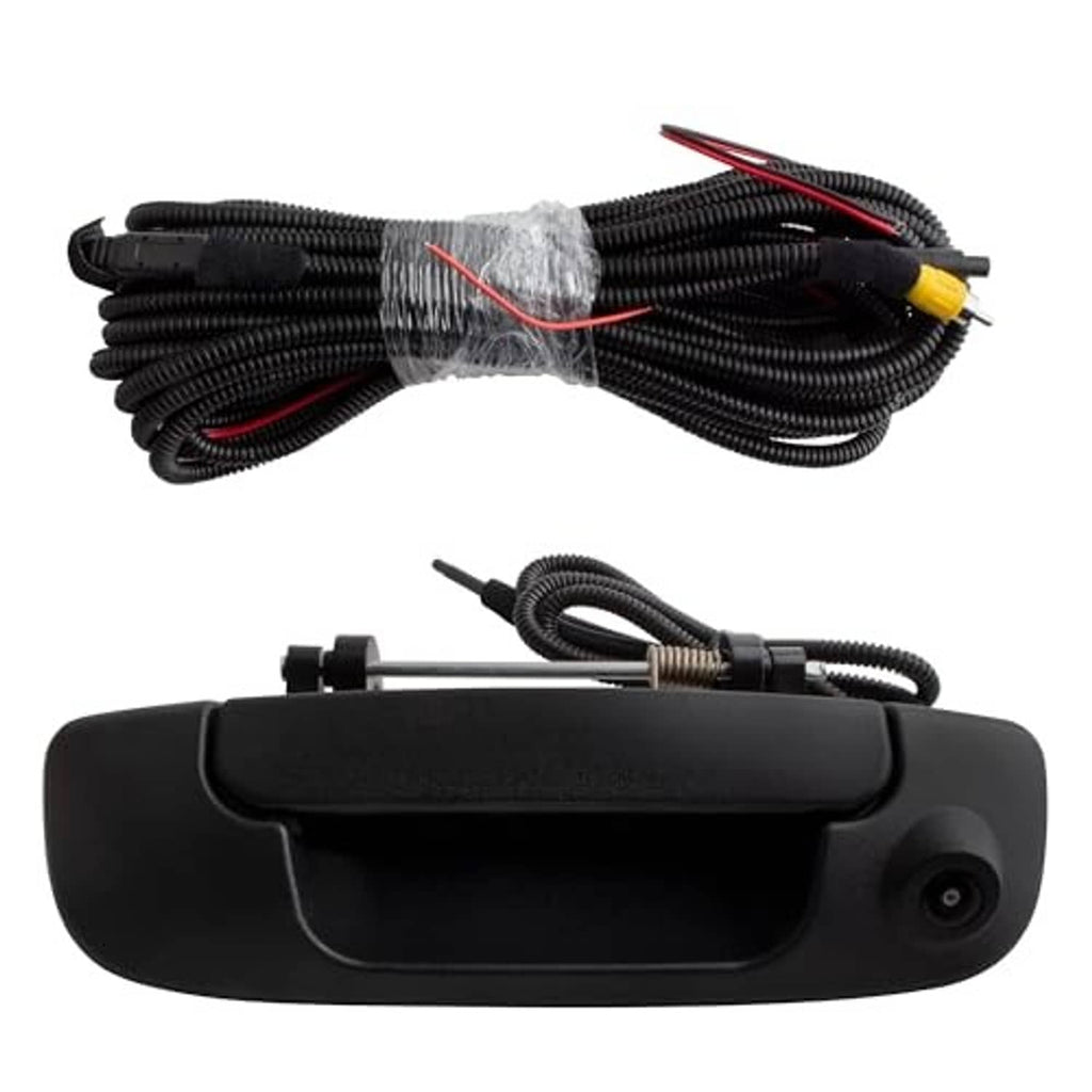 Rear backup tailgate handle camera kit with black handle, lens, and wiring harness