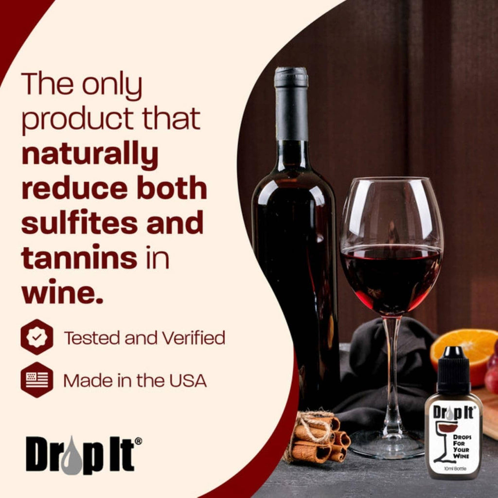 Drop It wine drops set with two 10ml bottles, shown with a wine glass